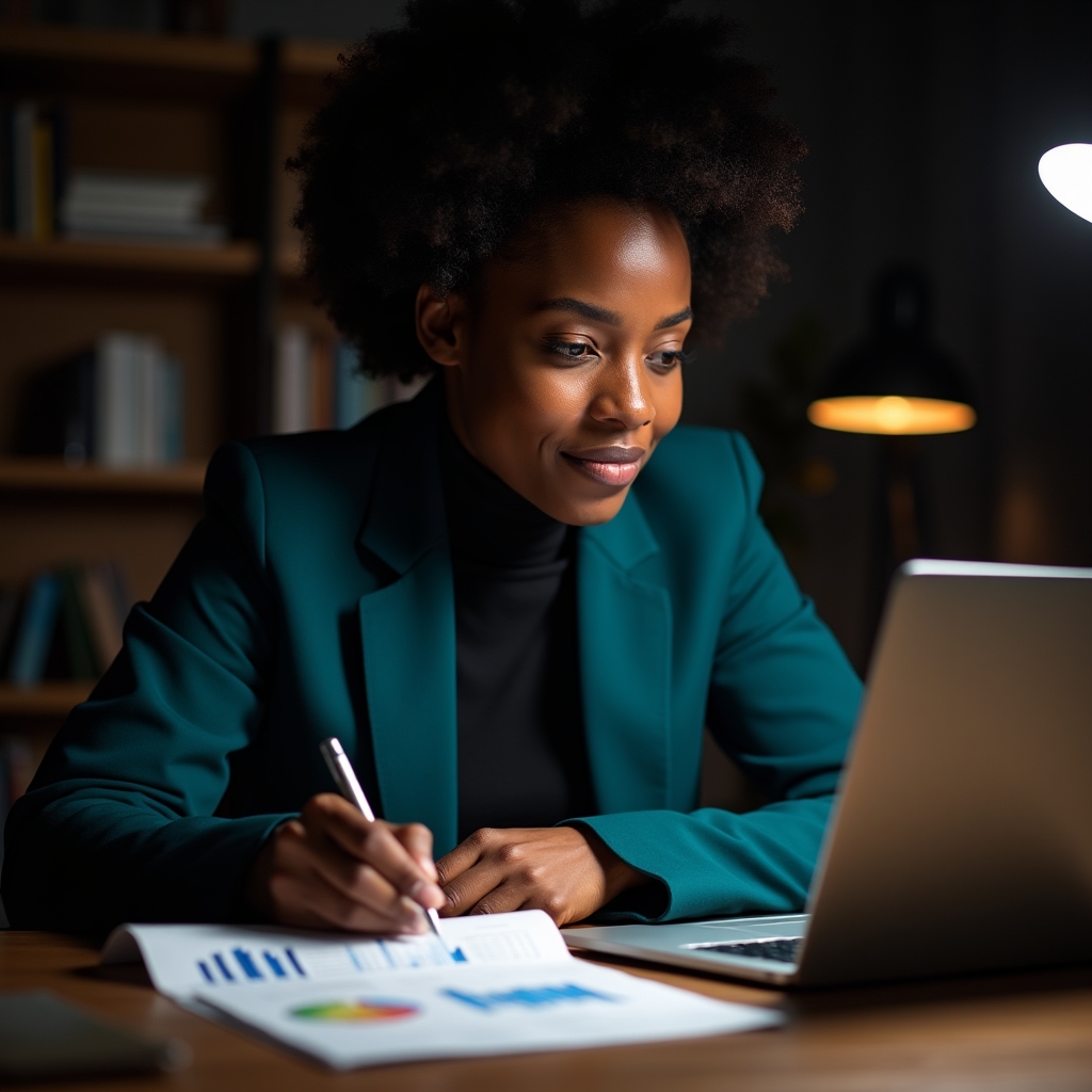 Person überprüft monatlichen Finanzfortschritt mit Diagrammen auf dem Laptop